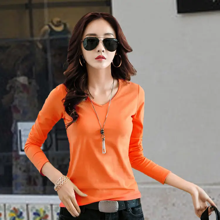 Women Korean Style Long Sleeve V-neck T-shirt Black Stretch Cotton - Image 4