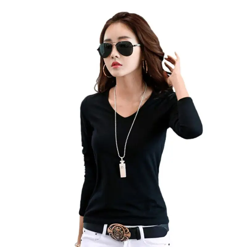 Women Korean Style Long Sleeve V-neck T-shirt Black Stretch Cotton - Image 6