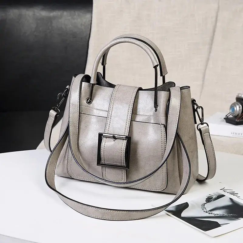 2023 New Large Capacity Grey Leather Handbag for Women - Image 6