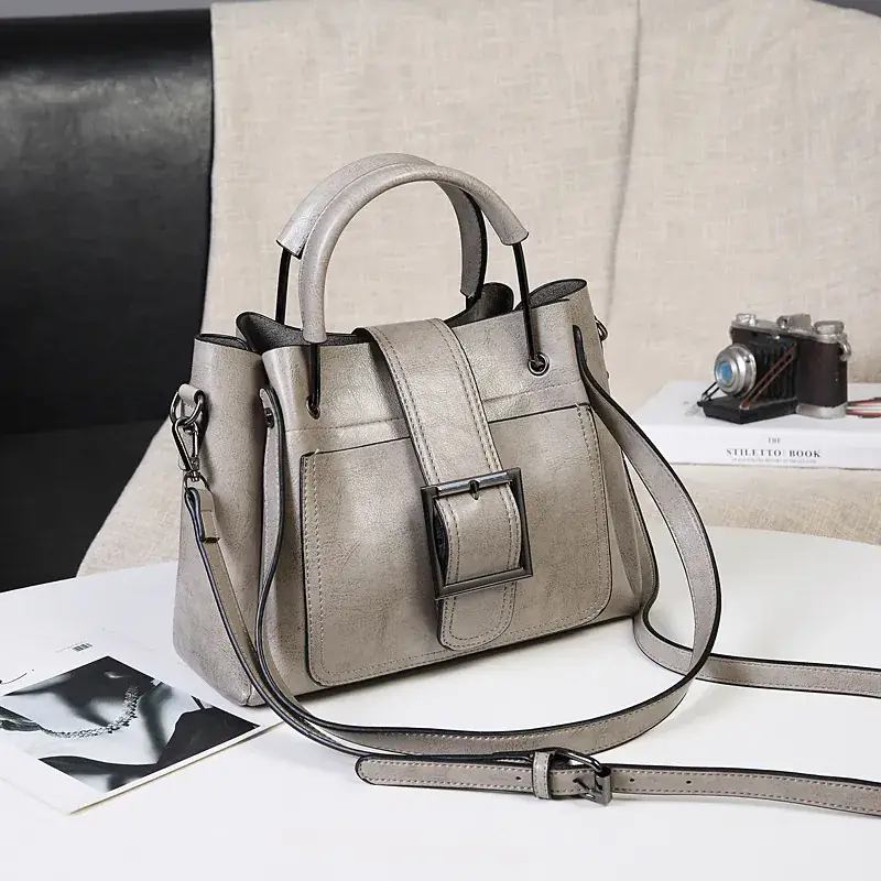 2023 New Large Capacity Grey Leather Handbag for Women - Image 3