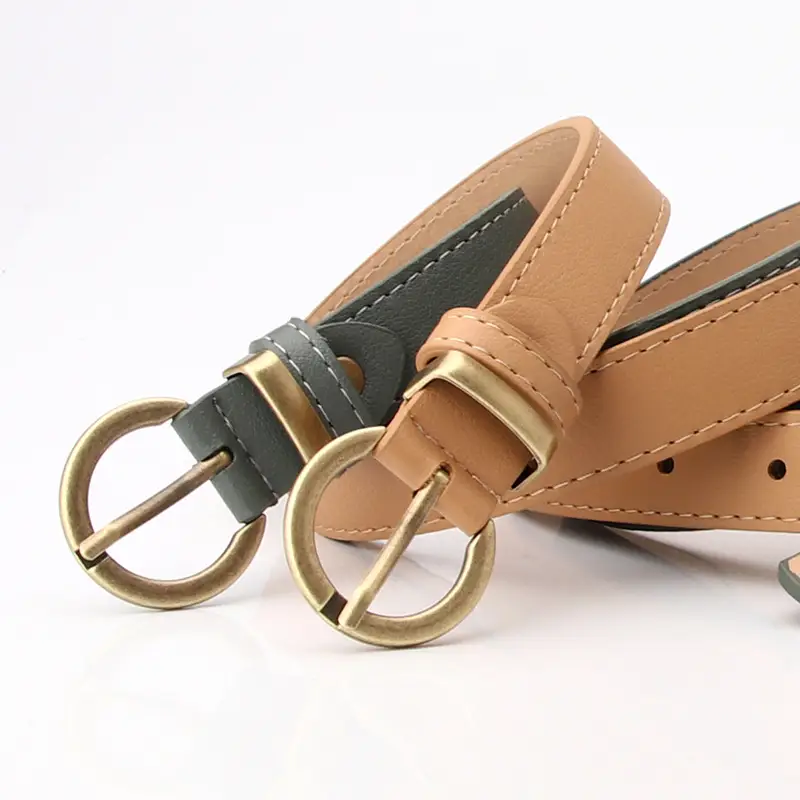 Women's Beige Leather Belt with Gold Buckle - Image 8