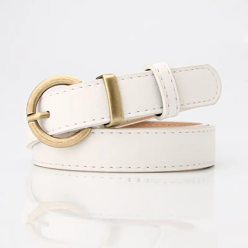 Women's Beige Leather Belt with Gold Buckle - Image 3