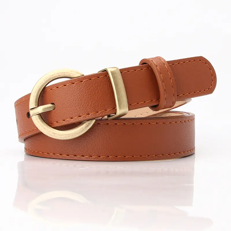 Women's Beige Leather Belt with Gold Buckle - Image 6