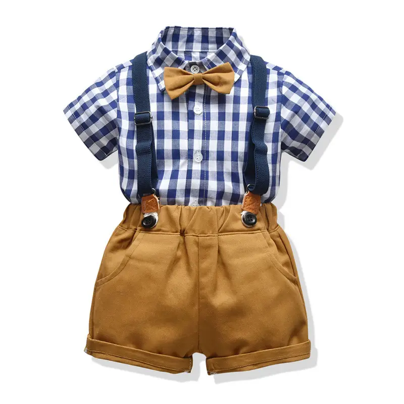 Baby Plaid Bow Tie Shorts Set Brown Blue