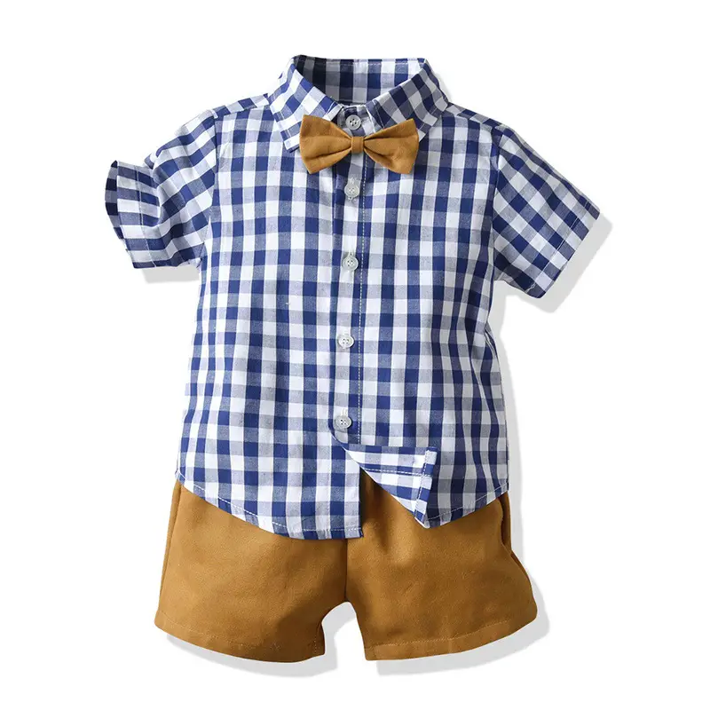 Baby Plaid Bow Tie Shorts Set Brown Blue