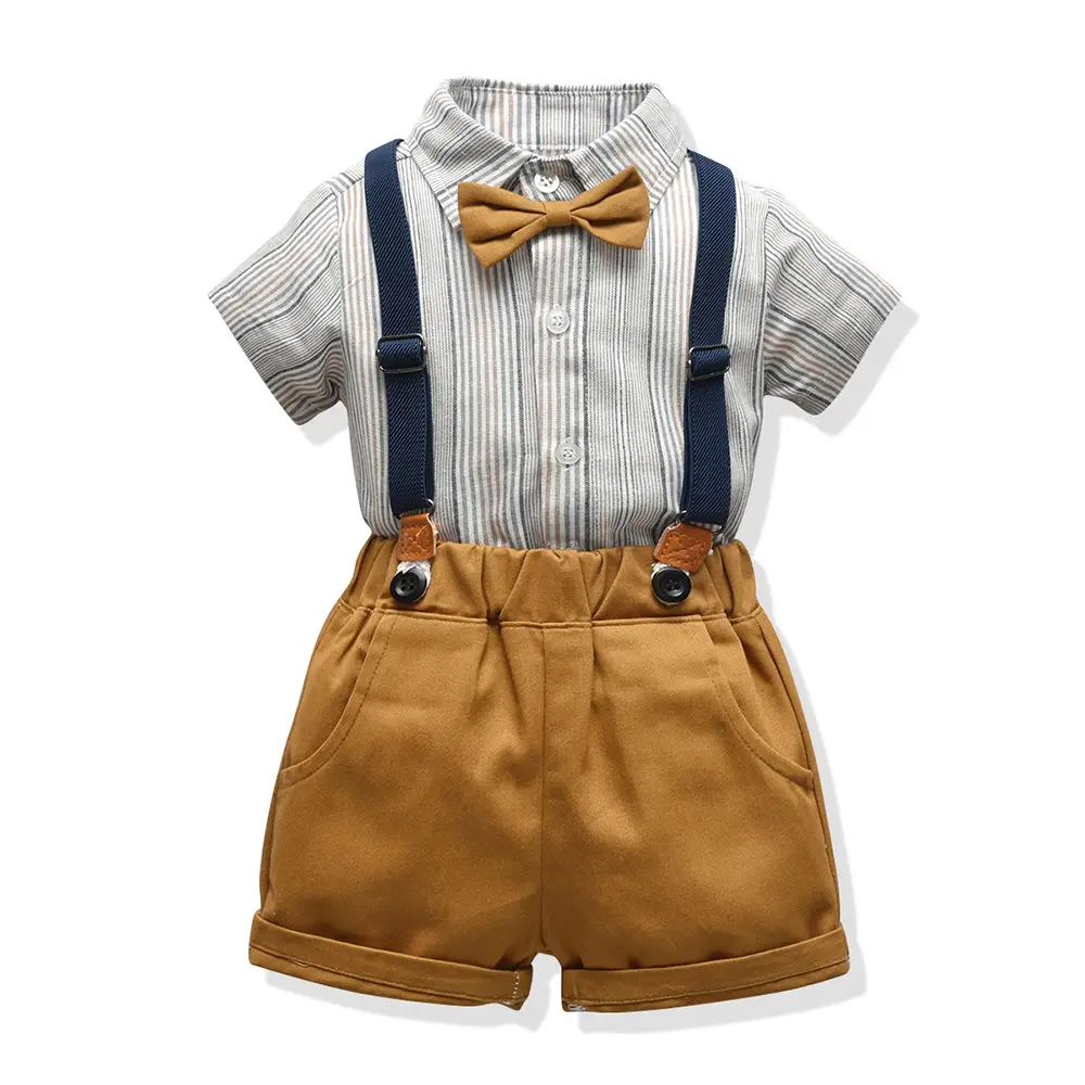 Baby Plaid Bow Tie Shorts Set Brown Blue