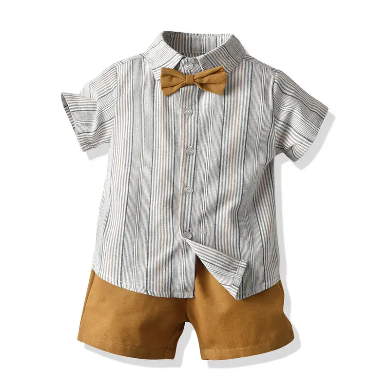 Baby Plaid Bow Tie Shorts Set Brown Blue