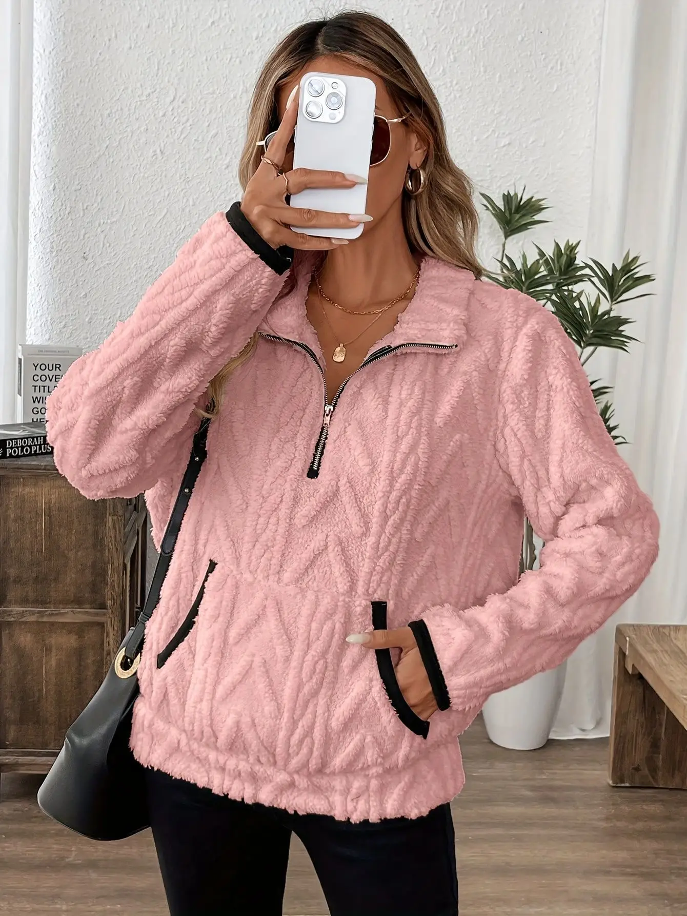 Women Lamb Wool Zipper Sweatshirt Grey Winter — feature 11