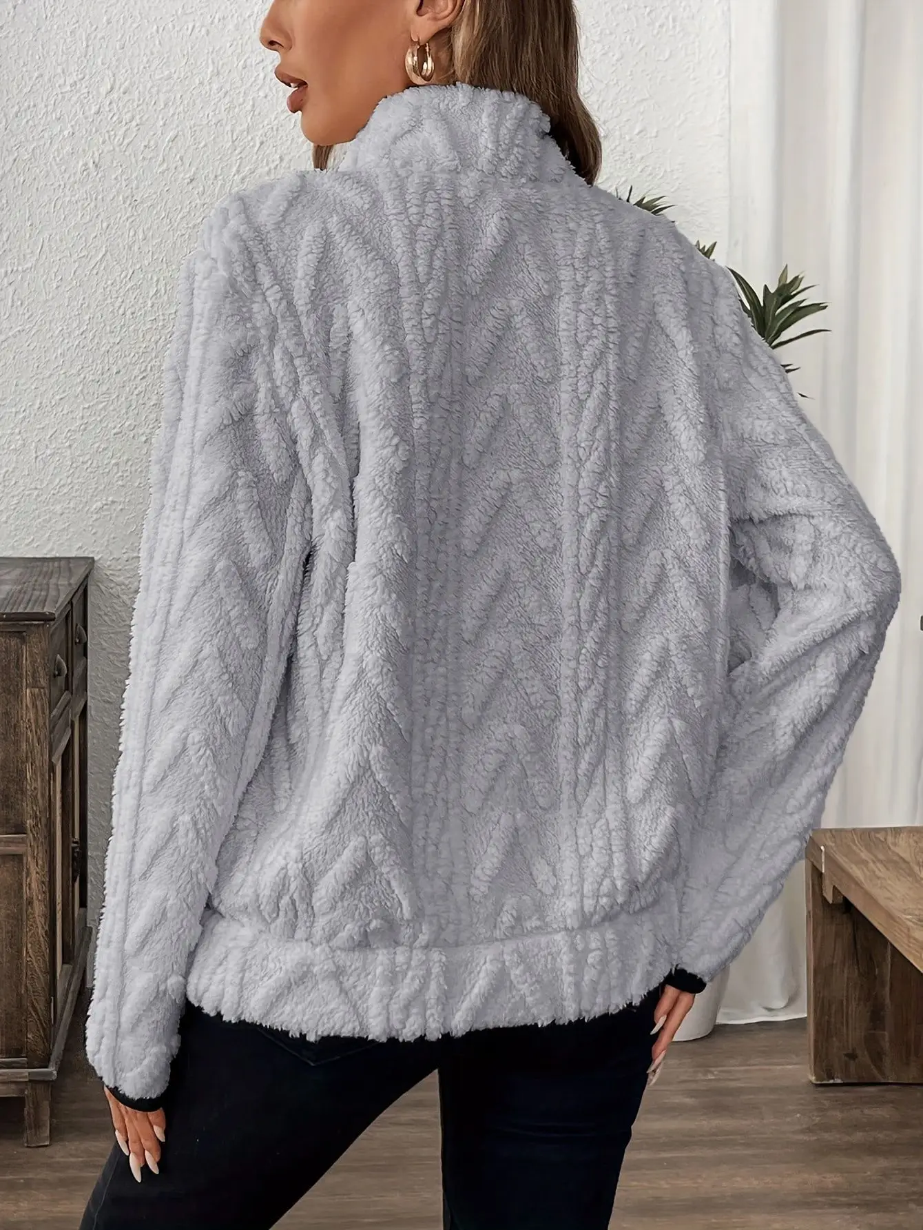 Women Lamb Wool Zipper Sweatshirt Grey Winter — feature 13