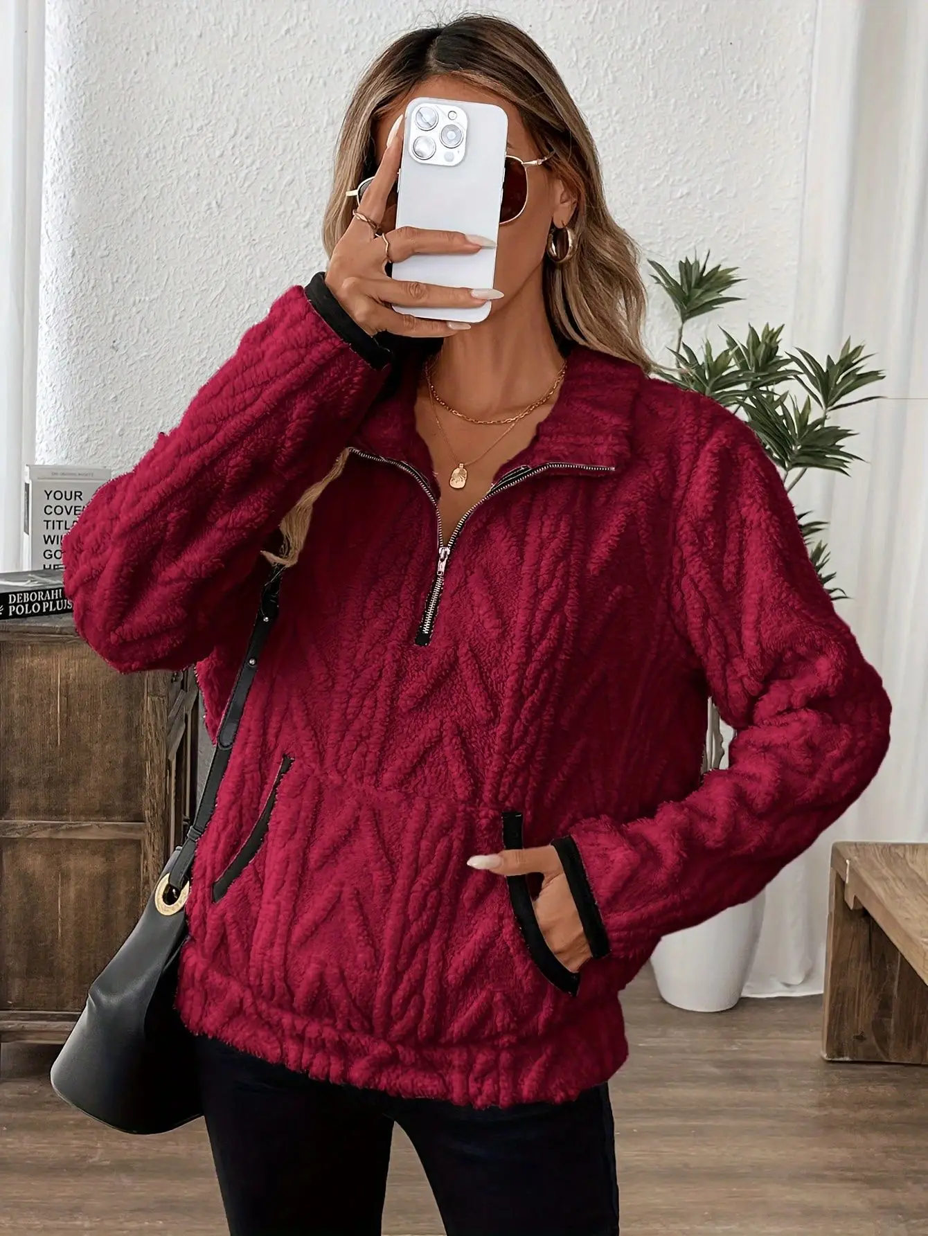 Women Lamb Wool Zipper Sweatshirt Grey Winter — feature 19