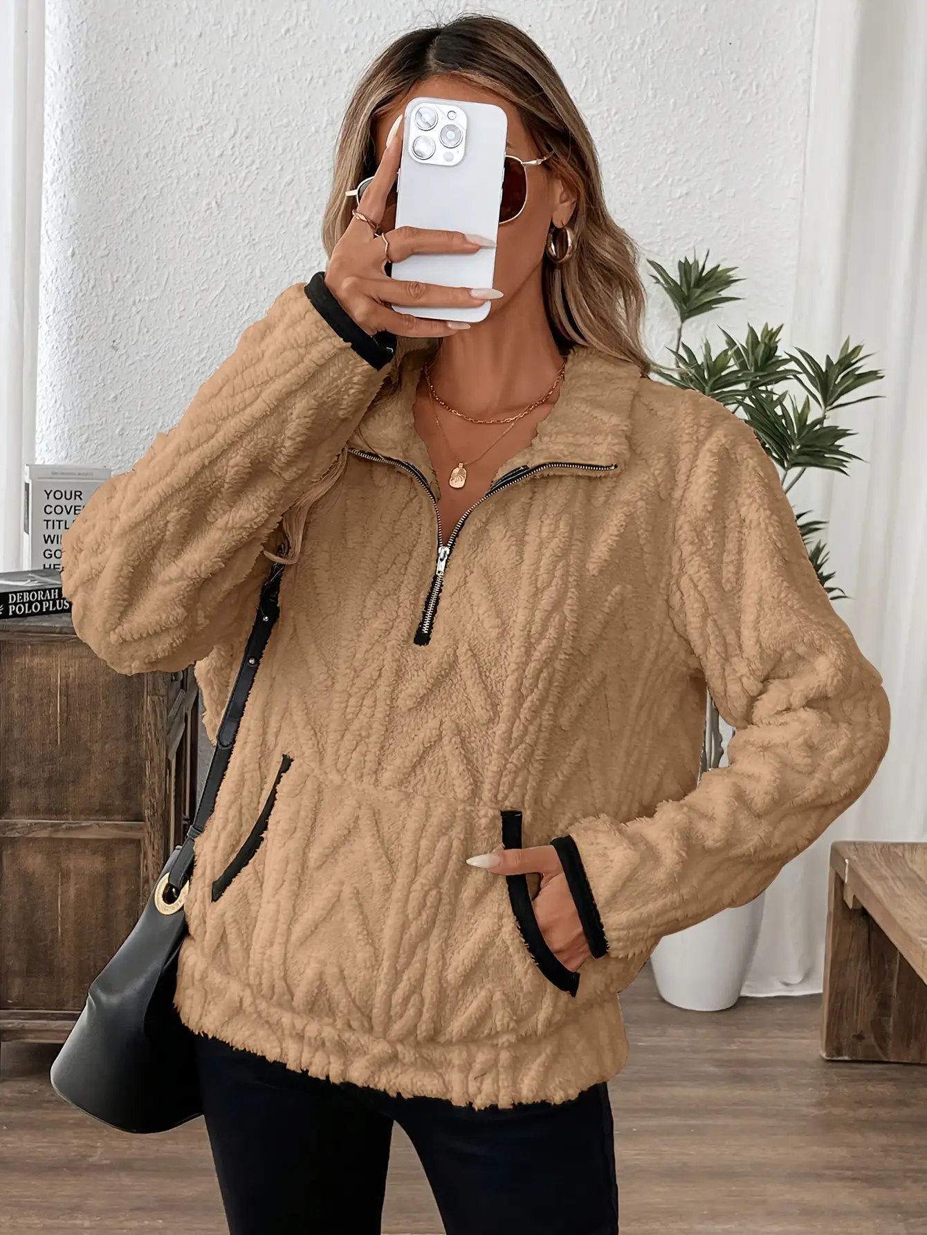 Women Lamb Wool Zipper Sweatshirt Grey Winter — feature 26
