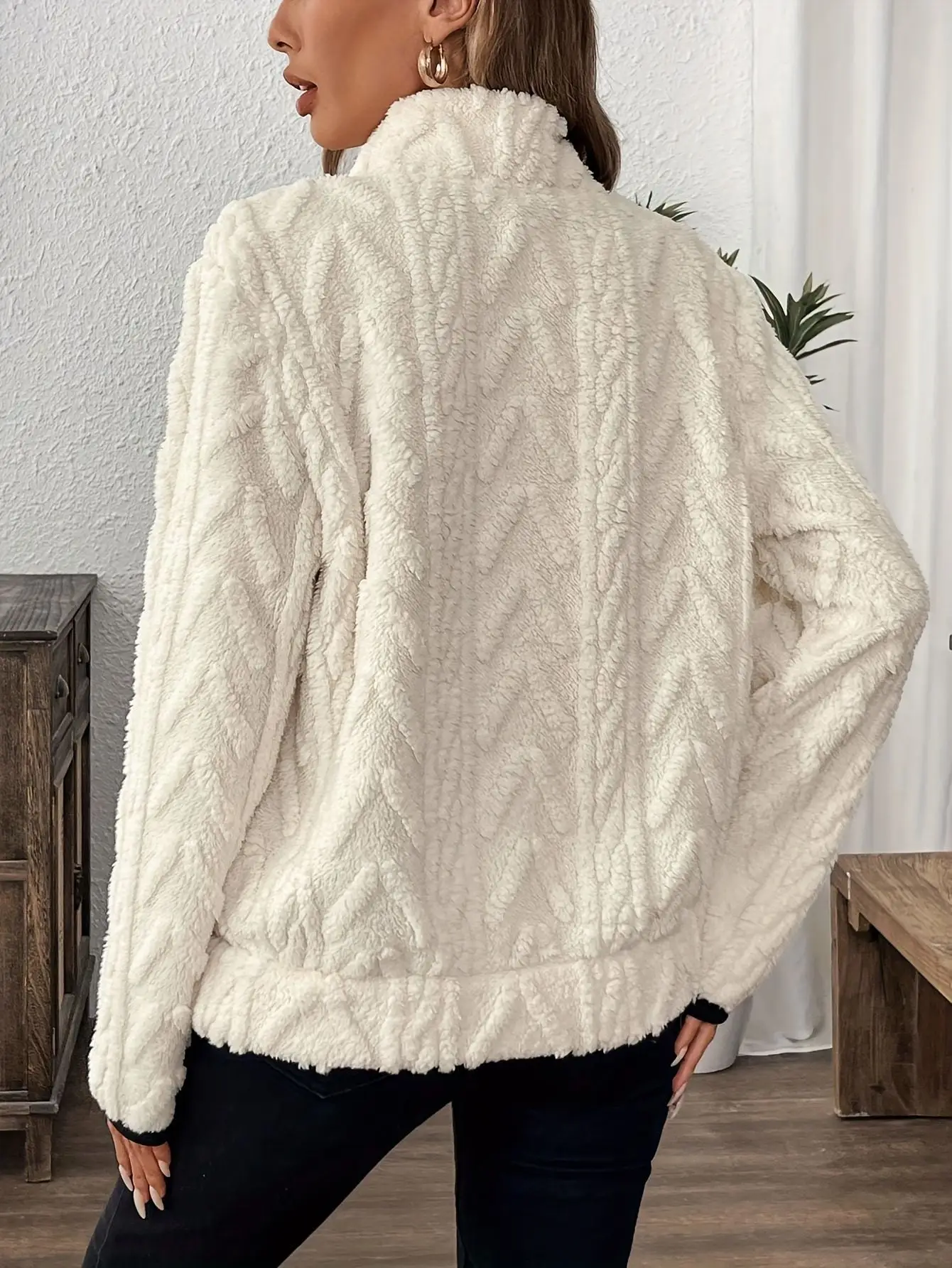 Women Lamb Wool Zipper Sweatshirt Grey Winter — feature 3