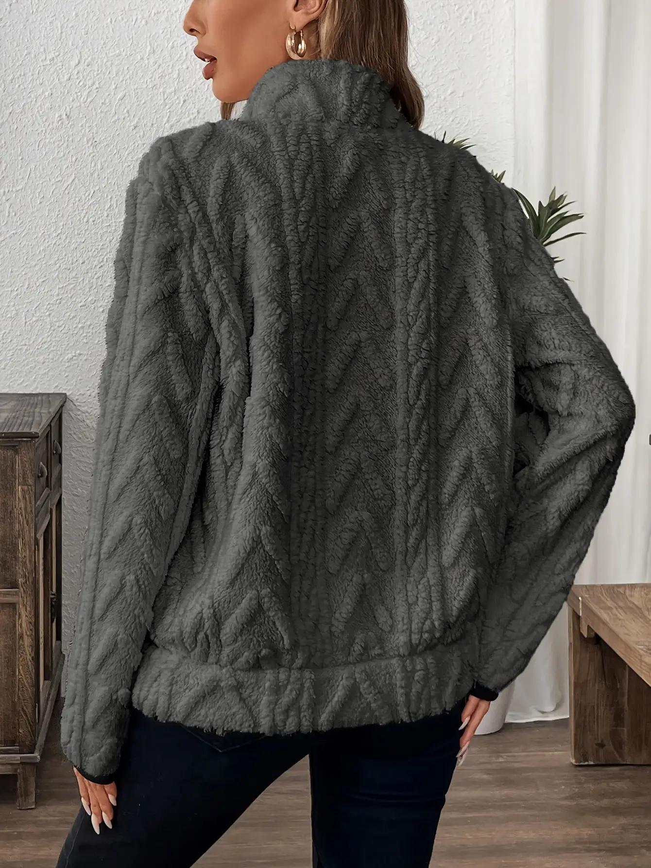Women Lamb Wool Zipper Sweatshirt Grey Winter — feature 34