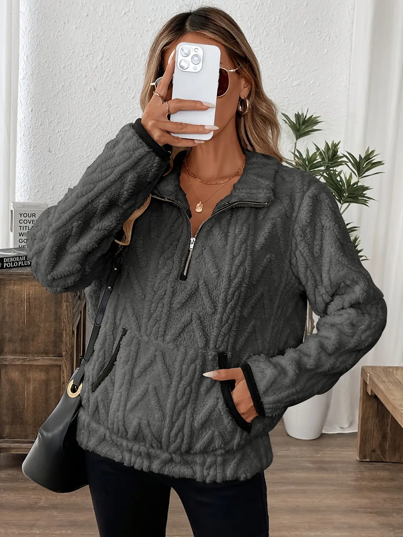 Women Lamb Wool Zipper Sweatshirt Grey Winter — feature 35