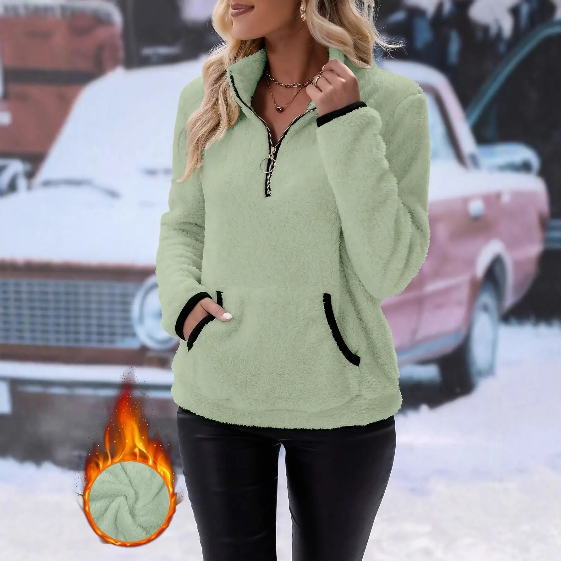 Women Lamb Wool Zipper Sweatshirt Grey Winter — feature 39
