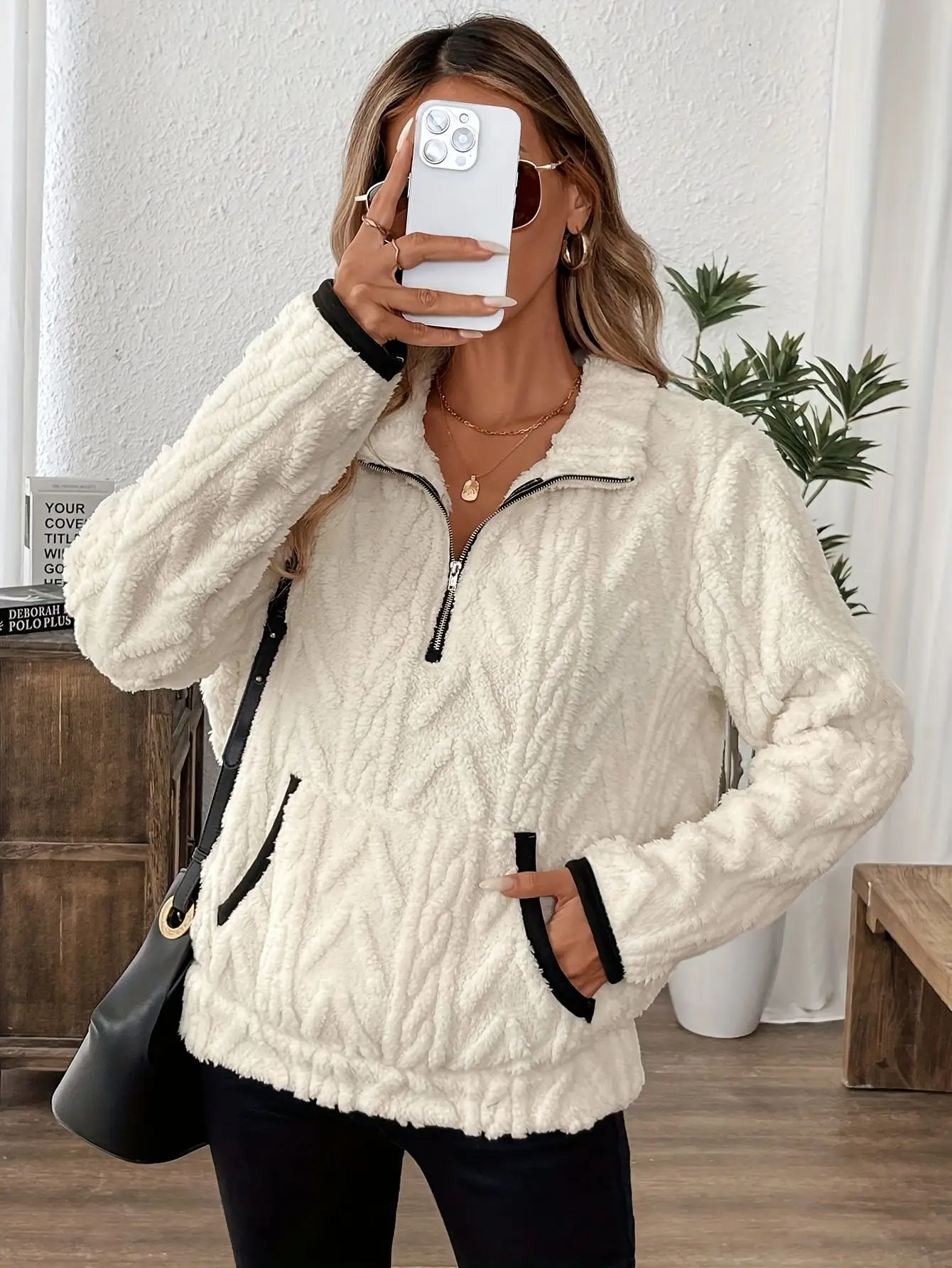 Women Lamb Wool Zipper Sweatshirt Grey Winter — feature 5
