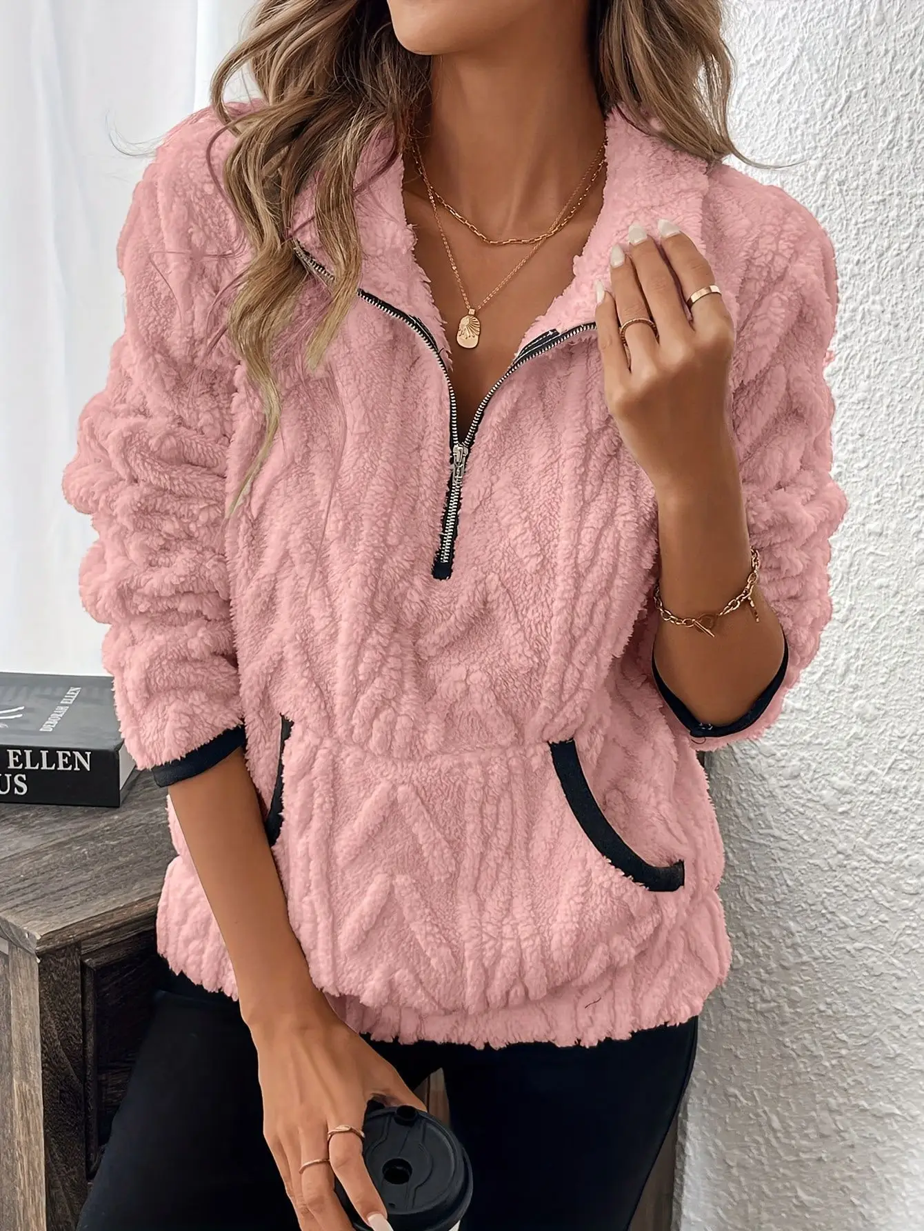Women Lamb Wool Zipper Sweatshirt Grey Winter — feature 7