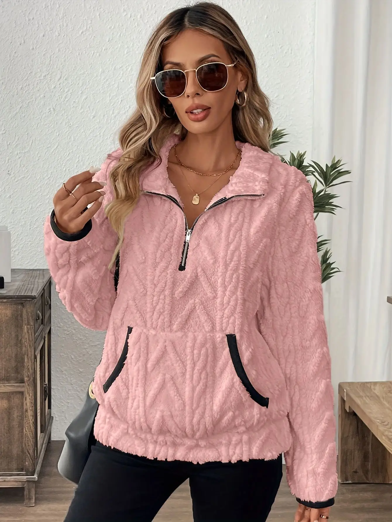 Women Lamb Wool Zipper Sweatshirt Grey Winter - Image 17