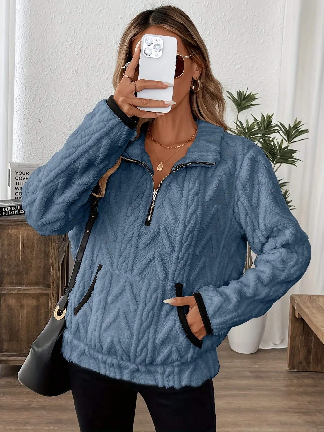 Women Lamb Wool Zipper Sweatshirt Grey Winter - Image 19