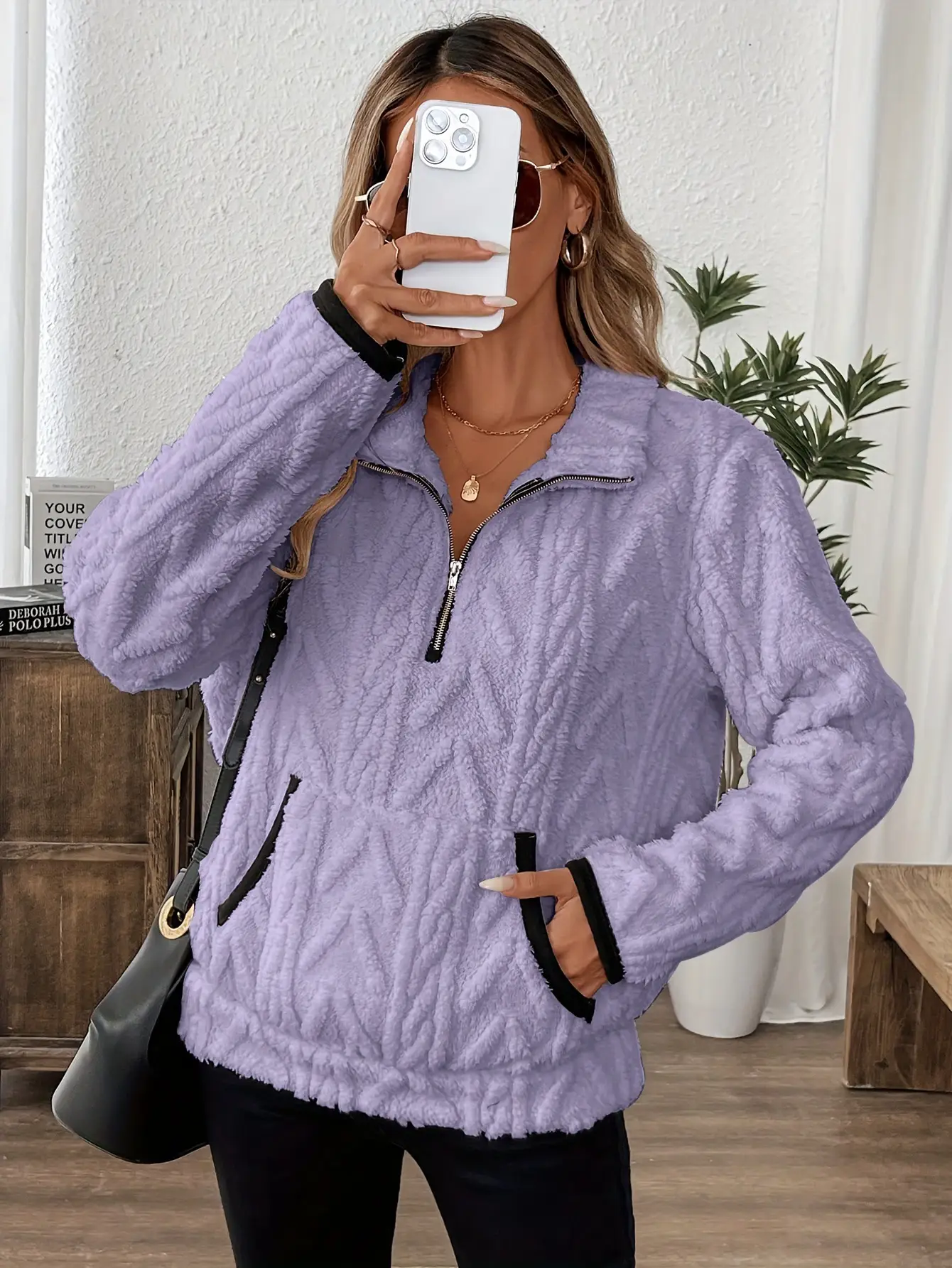 Women Lamb Wool Zipper Sweatshirt Grey Winter - Image 20