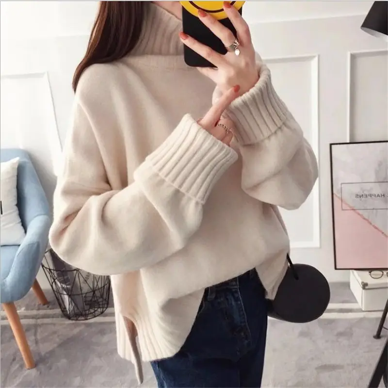Women Korean Style Thick Knitted Turtleneck Sweater Red Large - Image 4