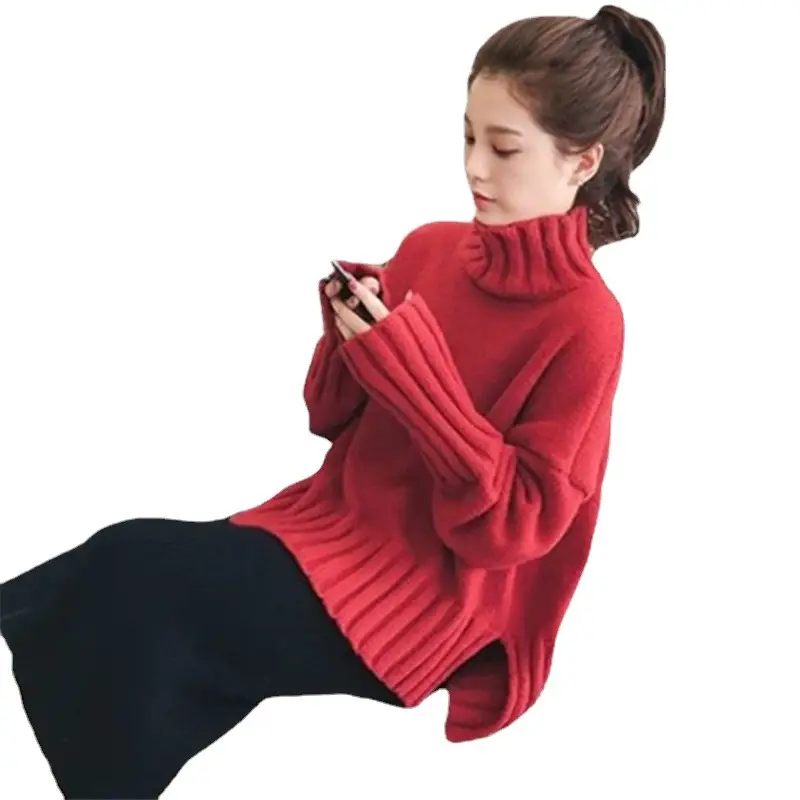 Women Korean Style Thick Knitted Turtleneck Sweater Red Large - Image 5