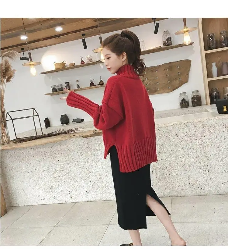 Women Korean Style Thick Knitted Turtleneck Sweater Red Large — feature 37