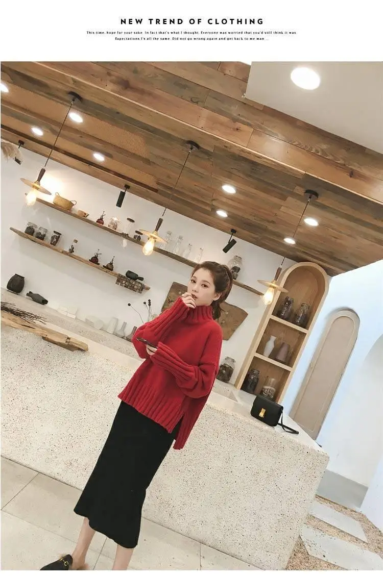 Women Korean Style Thick Knitted Turtleneck Sweater Red Large — feature 39