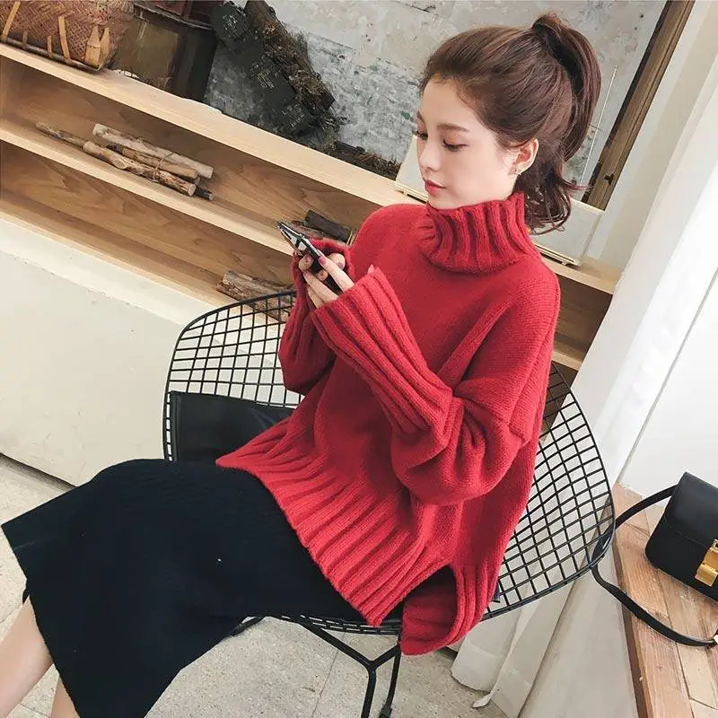 Women Korean Style Thick Knitted Turtleneck Sweater Red Large — feature 40