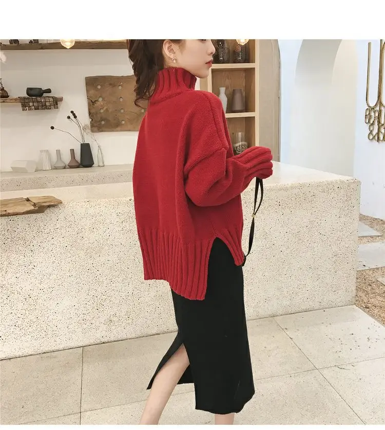 Women Korean Style Thick Knitted Turtleneck Sweater Red Large — feature 41