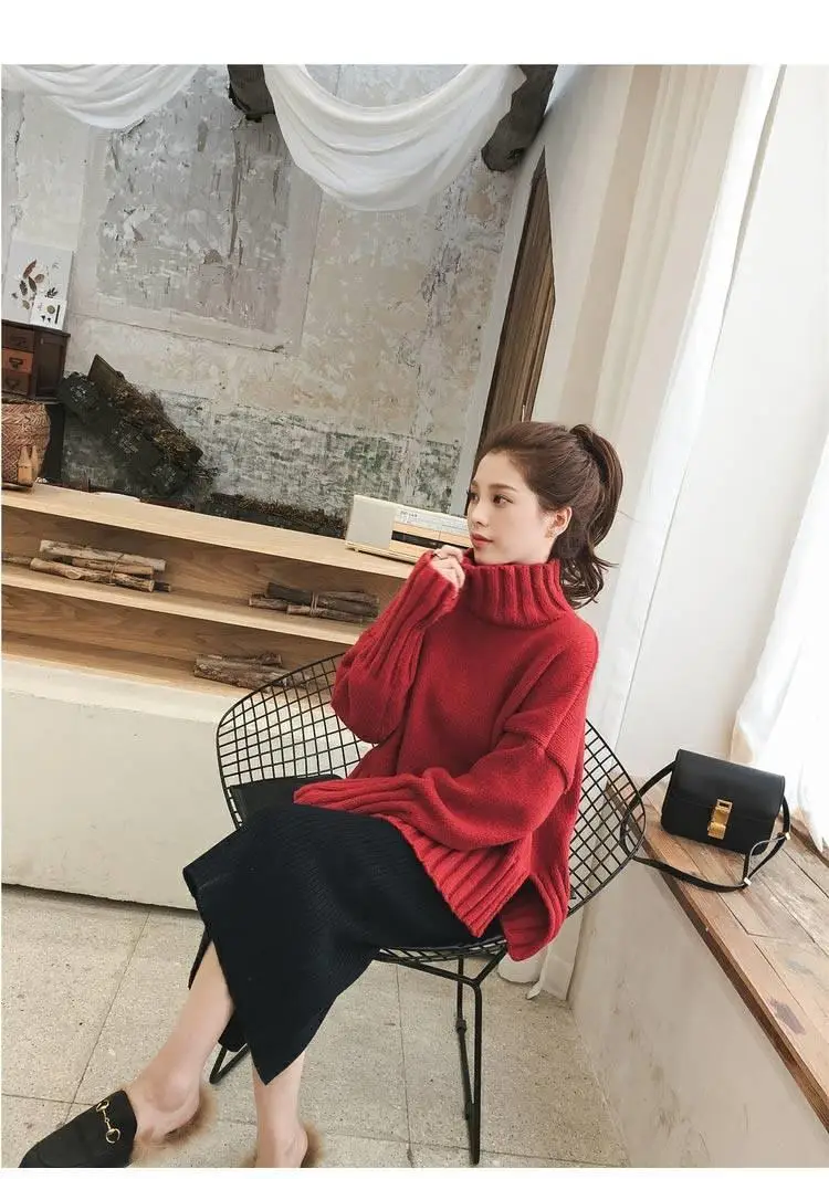 Women Korean Style Thick Knitted Turtleneck Sweater Red Large — feature 42