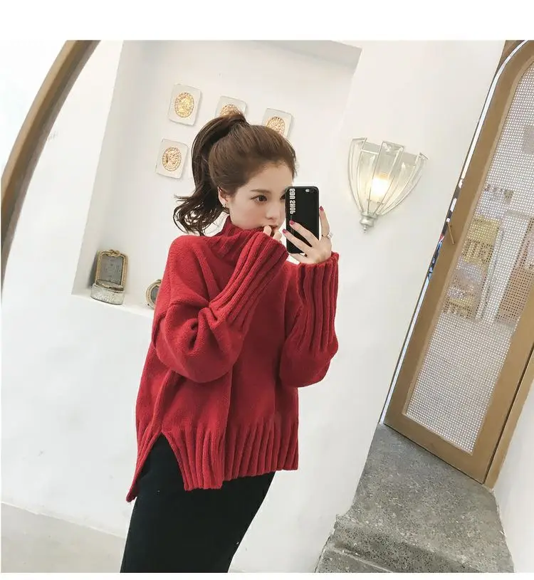 Women Korean Style Thick Knitted Turtleneck Sweater Red Large — feature 43