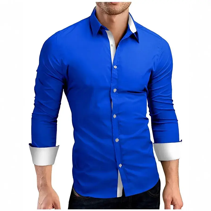 2019 Long Sleeve Button Down Shirt for Men Blue Large - Image 3