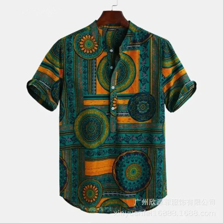 Cross-Country Printed Cotton Shirt Green Orange Men's - Image 3