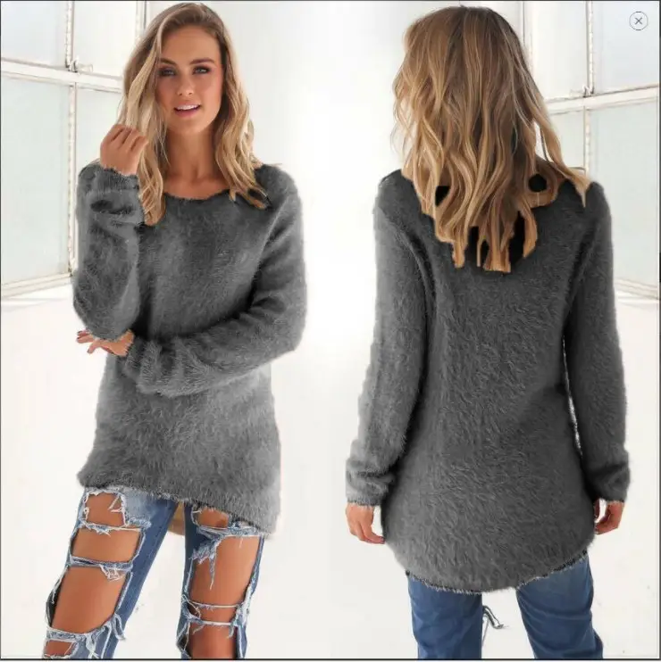 Women's Grey Fleece Long Sleeve Top with Back View - Image 5
