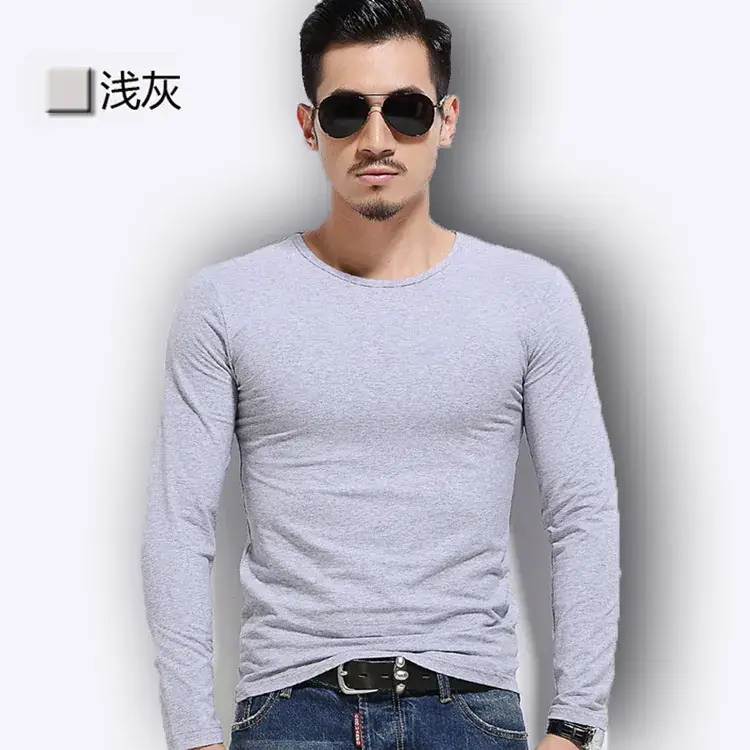 Men's Slim Fit Light Gray Long Sleeve T-Shirt - Image 5