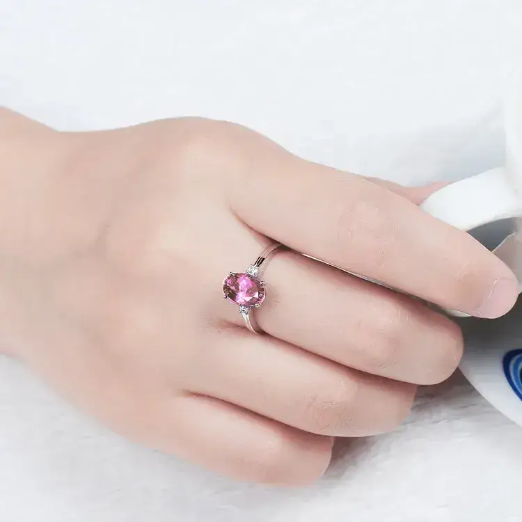 Egg-shaped Pink Sapphire Ring with Silver Plated Band
