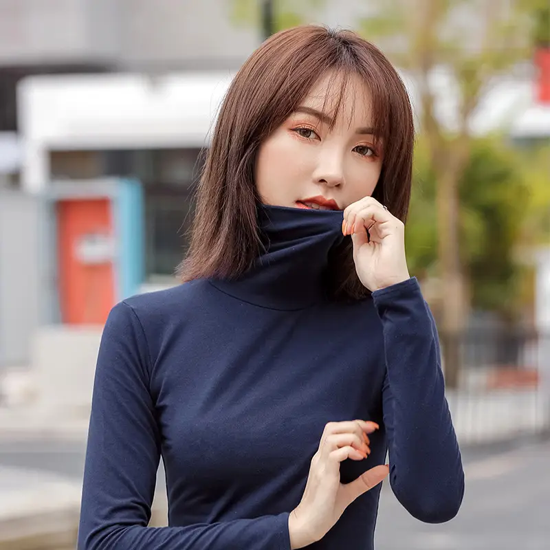 Women's Slim Fit Navy Turtleneck Top with Pile Collar - Image 4