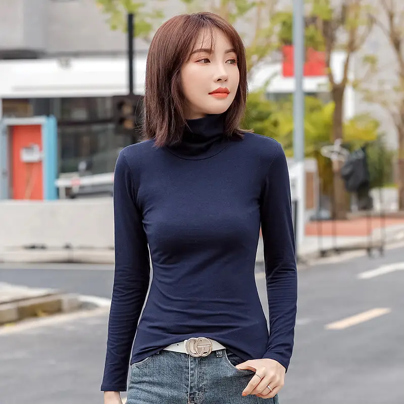 Women's Slim Fit Navy Turtleneck Top with Pile Collar - Image 10