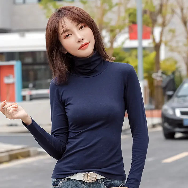Women's Slim Fit Navy Turtleneck Top with Pile Collar - Image 11