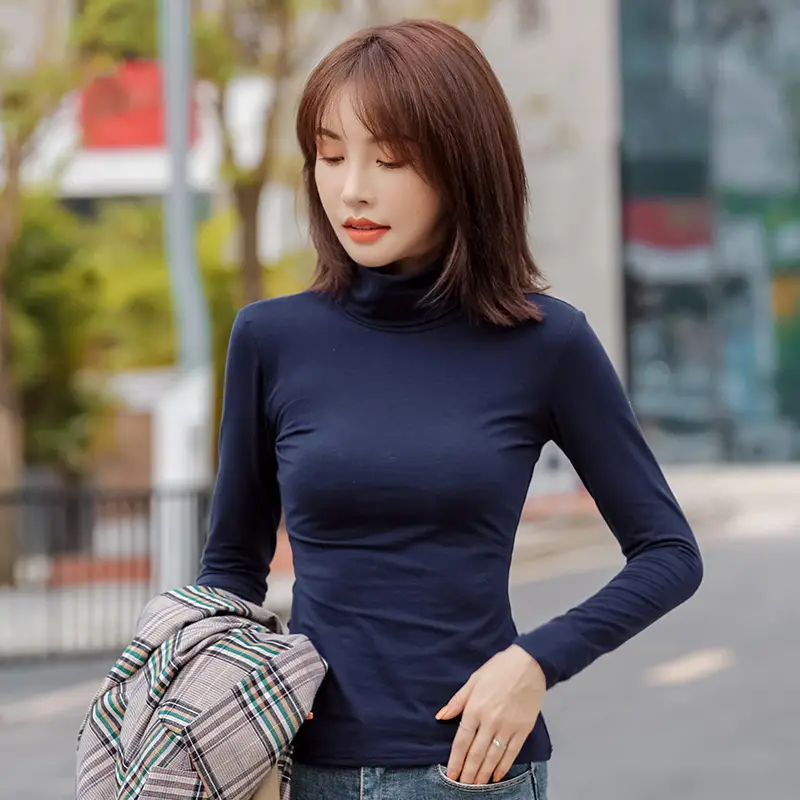 Women's Slim Fit Navy Turtleneck Top with Pile Collar - Image 12
