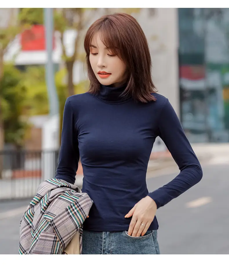 Women's Slim Fit Navy Turtleneck Top with Pile Collar — feature 11