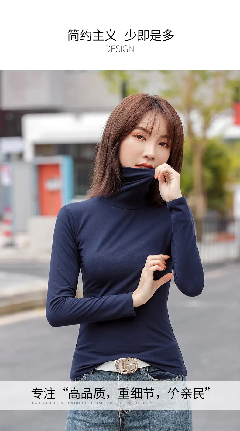 Women's Slim Fit Navy Turtleneck Top with Pile Collar — feature 2