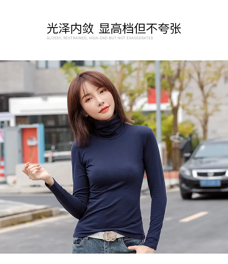 Women's Slim Fit Navy Turtleneck Top with Pile Collar — feature 3