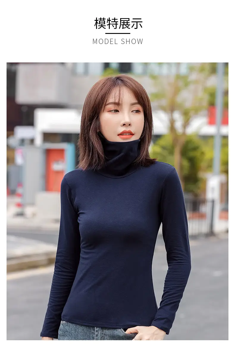 Women's Slim Fit Navy Turtleneck Top with Pile Collar — feature 6