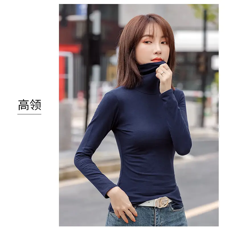 Women's Slim Fit Navy Turtleneck Top with Pile Collar — feature 7