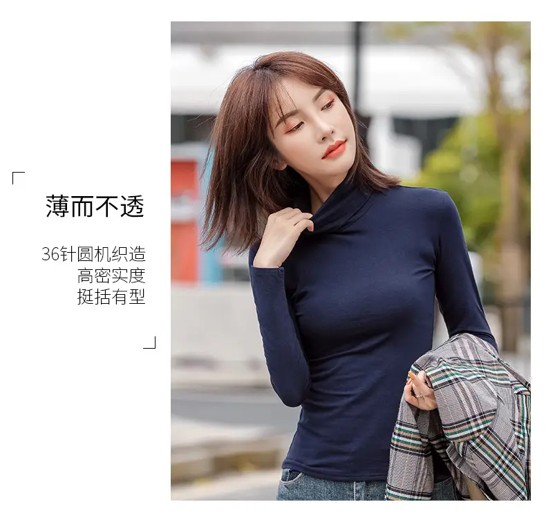 Women's Slim Fit Navy Turtleneck Top with Pile Collar — feature 9