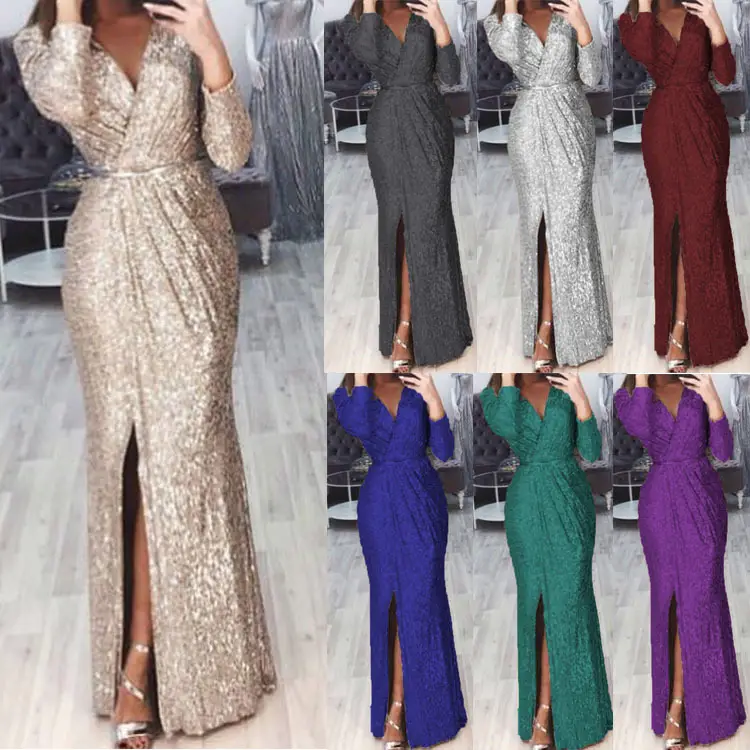 Women's Long Evening Dress with Deep V-Neck and Glitter Pattern - Image 8