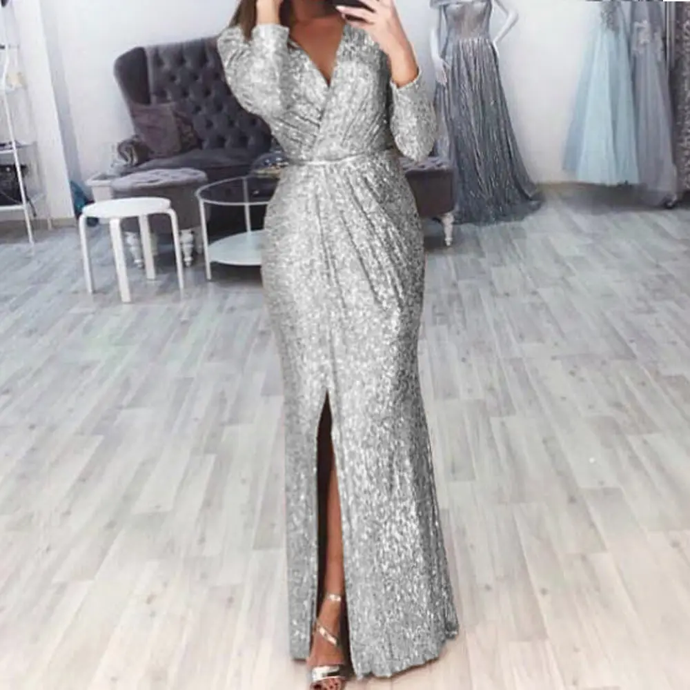 Women's Long Evening Dress with Deep V-Neck and Glitter Pattern - Image 10