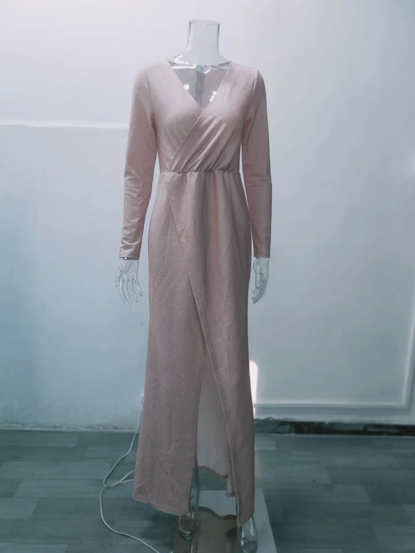 Women's Long Evening Dress with Deep V-Neck and Glitter Pattern — feature 10